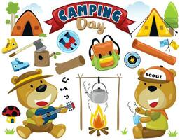 Vector set of camping element cartoon with cute bear in scout uniform