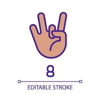 Digit eight sign in ASL pixel perfect RGB color icon. Gesture language. Nonverbal communication. Isolated vector illustration. Simple filled line drawing. Editable stroke