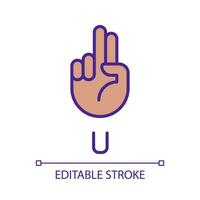 Letter U sign in ASL pixel perfect RGB color icon. Words visualization by gestures. Communication. Isolated vector illustration. Simple filled line drawing. Editable stroke