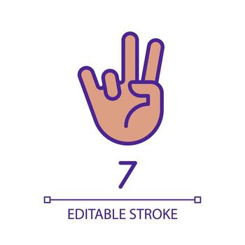 Digit seven sign in ASL pixel perfect RGB color icon. Number visual modality. Communication way. Isolated vector illustration. Simple filled line drawing. Editable stroke