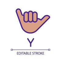 Letter Y sign in ASL pixel perfect RGB color icon. People with deafness language. Gesturing. Isolated vector illustration. Simple filled line drawing. Editable stroke