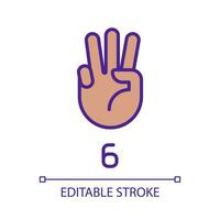 Digit six in American sign language pixel perfect RGB color icon. Visual modality for count. Isolated vector illustration. Simple filled line drawing. Editable stroke