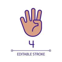 Digit four sign in ASL pixel perfect RGB color icon. Nonverbal communication performing. Modality. Isolated vector illustration. Simple filled line drawing. Editable stroke