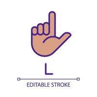 Letter L in American sign language pixel perfect RGB color icon. Communication system element. Isolated vector illustration. Simple filled line drawing. Editable stroke