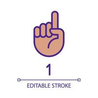 Digit one in ASL pixel perfect RGB color icon. Nonverbal communication. Gesture language. Isolated vector illustration. Simple filled line drawing. Editable stroke