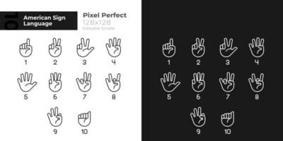 Digits in American sign language pixel perfect linear icons set for dark, light mode. Thin line symbols for night, day theme. Isolated illustrations. Editable stroke vector