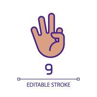 Signing digit nine in ASL pixel perfect RGB color icon. Non verbal language system. Communication. Isolated vector illustration. Simple filled line drawing. Editable stroke