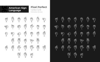 American sign language pixel perfect linear icons set for dark, light mode. Thin line symbols for night, day theme. Isolated illustrations. Editable stroke vector