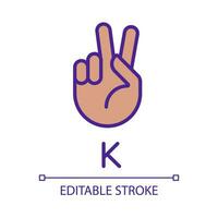 Letter K sign in ASL pixel perfect RGB color icon. Nonverbal communication. Patients with deafness care. Isolated vector illustration. Simple filled line drawing. Editable stroke