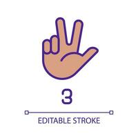 Signing digit three in ASL pixel perfect RGB color icon. Nonverbal communication system. Gesturing. Isolated vector illustration. Simple filled line drawing. Editable stroke