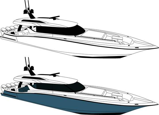 Yacht vector, Boat vector, Fishing boat vector line art illustration and one color.