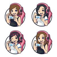 Cute gamer character mascot logo, Gamer girl esport logo set vector