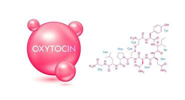 Oxytocin model red and structural chemical formula. Symbol 3D icon isolated on white background. Hormone in human brain. Medical scientific concepts. Vector EPS10.