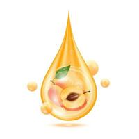 Peach inside water droplets orange isolated on white background. Drop vitamins and collagen organic anti aging serum. Fruit acid product. For natural eco skin care cosmetic. Realistic 3d vector. vector