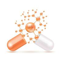 Vitamin B5 orange in capsule. Vitamins complex and minerals in molecular form. Dietary supplement for pharmacy advertisement. Science medic concept. Isolated on white background. Vector EPS10.