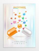 Vitamin C orange in capsule. Essential vitamins complex and minerals in molecular form. Dietary supplement for pharmacy advertisement. Poster banner design for clinics. Medic concept. Vector EPS10.