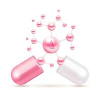 Vitamin A pink in capsule. Vitamins complex and minerals in molecular form. Dietary supplement for pharmacy advertisement. Science medic concept. Isolated on white background. Vector EPS10.