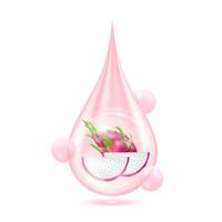 Dragon Fruit inside water droplets pink isolated on white background. Drop vitamins and collagen organic anti aging serum. Fruit acid product. For natural eco skin care cosmetic. Realistic 3d vector. vector