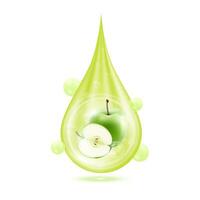 Apple inside water droplets green isolated on white background. Drop vitamins and collagen organic anti aging serum. Fruit acid product. For natural eco skin care cosmetic. Realistic 3d vector. vector