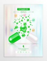 Vitamin B2 green in capsule. Essential vitamins complex and minerals in molecular form. Dietary supplement for pharmacy advertisement. Poster banner design for clinics. Medic concept. Vector EPS10.