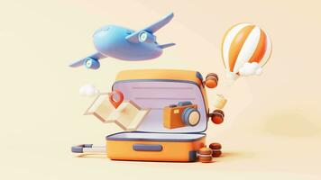 Loop animation of cartoon style luggage with travel theme, 3d rendering. video