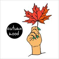 Autumn mood. hand holding an autumn maple leaf. woman's hand is red autumn maple leaf. vector