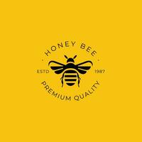 A honey bee logo on a yellow background. The bee is black and yellow, and it is facing the viewer. vector