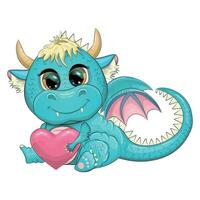 Cute cartoon green dragon with a heart, declaration of love, Valentines day. Symbol of 2024 according to the Chinese calendar. vector