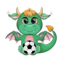 Cute cartoon green dragon and soccer ball, game. Symbol of 2024 according to the Chinese calendar. vector