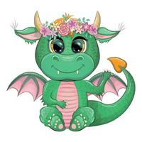 Cute cartoon green baby dragon with horns and wings. Symbol of 2024 according to the Chinese calendar vector