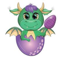 Cute cartoon green baby dragon with an easter egg. Symbol of 2024 according to the Chinese calendar. vector