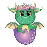 Cute cartoon green baby dragon with horns and wings. Symbol of 2024 according to the Chinese calendar vector