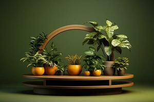 Wooden podium with natural plants and flower, minimalist background photo