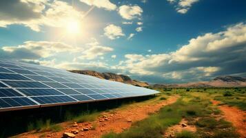 solar energy panels in the desert with blue sky and white clouds photo