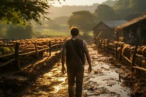 A farmer at a barnyard looking at domestic animal photo