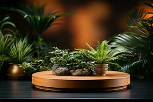 Wooden podium with natural plants and flower, minimalist background photo