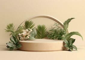 de madera podio con natural plantas y flor, minimalista antecedentes foto