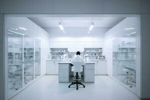 Scientist working on hi-tech lab, white minimalist environment photo