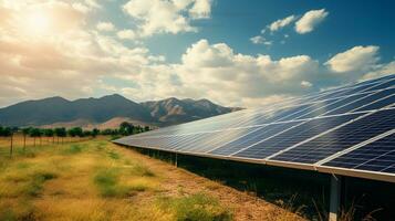 solar energy panels in the desert with blue sky and white clouds photo