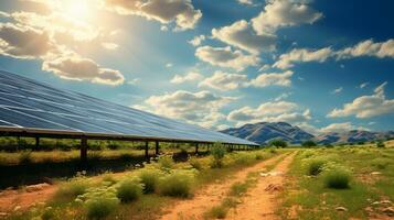 solar energía paneles en el Desierto con azul cielo y blanco nubes foto