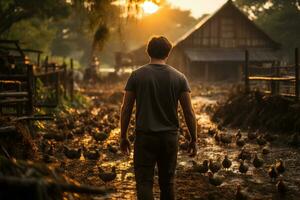 A farmer from behind at a barnyard handling domestic animal photo