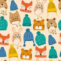 Seamless pattern with cute vector winter hats for boys and girls in cold weather. Clothes for winter and autumn. Vector illustration.