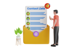 3d illustration de email contact liste applications pour mobile. concept pour email liste, envoi postal liste et contact liste. png