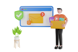 3D Illustration of Email encrypted and online backup service. E-mail protection, anti-malware and anti spam. 3d illustration png