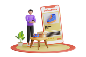 Man shopping online on website with smartphone and giving five stars rating. Online shopping with give 5 rating and review. Customer rate for success work. 3d illustration png