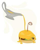 Burger with cheese shower, trendy serving dish with a lot of sauce vector