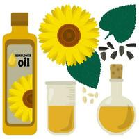 Set of sunflower oil in various utensils and flowers, sunflower seeds, plant elements and derivatives vector