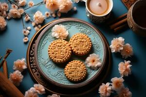 Plate of Mooncakes served with tea on blue background photo