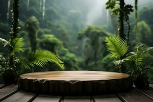 Product podium with a blurred monsoon forest background photo