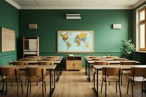 foto salón de clases interior con colegio escritorios sillas y verde tablero vacío colegio salón de clases